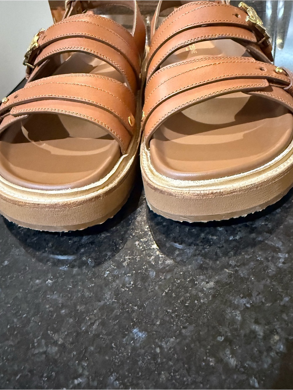 Celine Triomphe  Leather Brown Double-Strap Slingback Sandal with Gold Accent - Picture 10 of 16